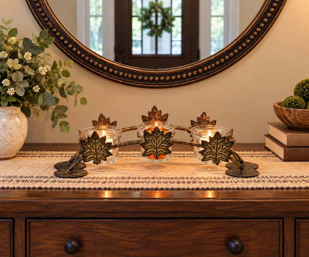 Fall Metal Leaf Triple Glass Votive Candle Holder